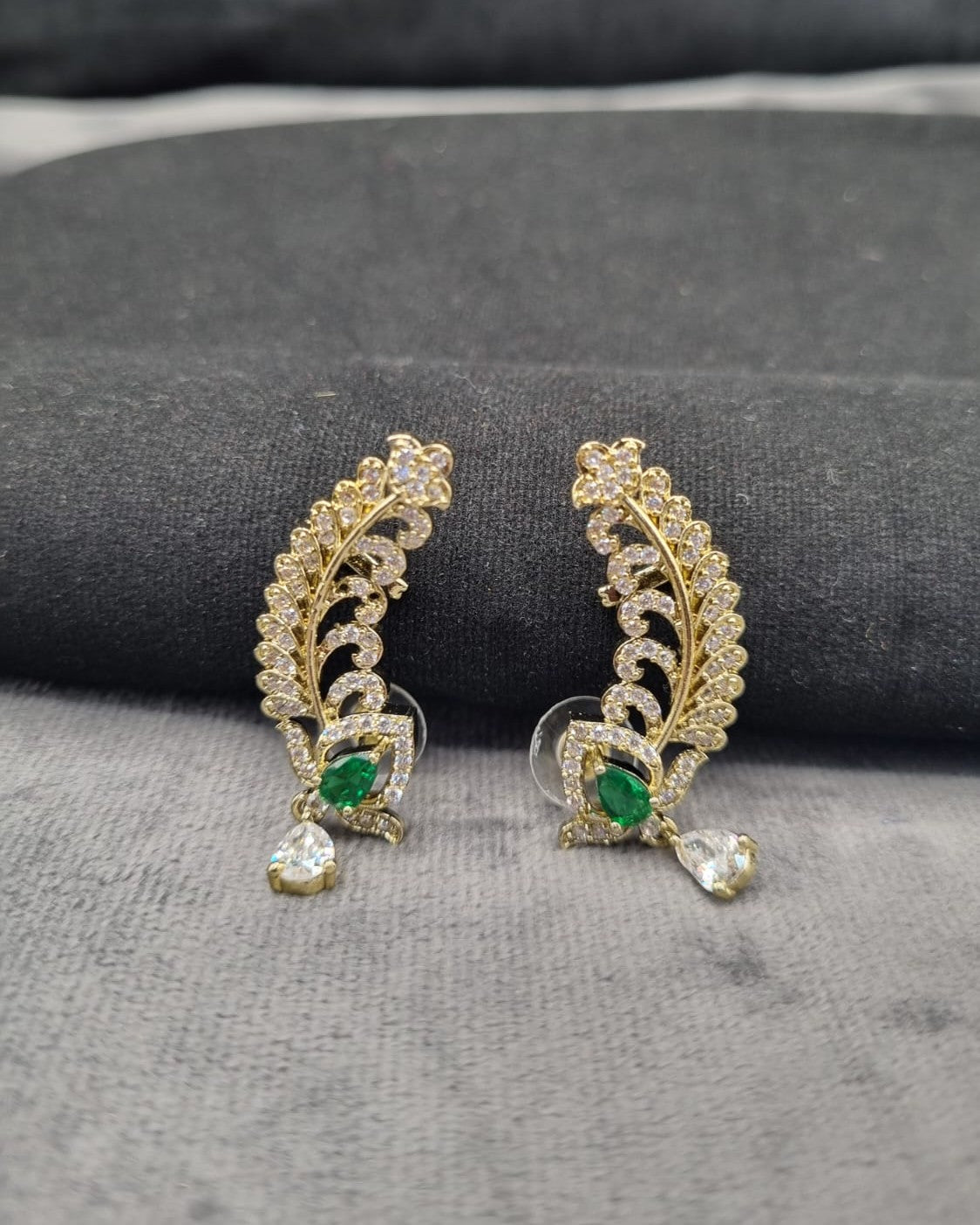 Emerald Green Feather Ear Climber Earrings